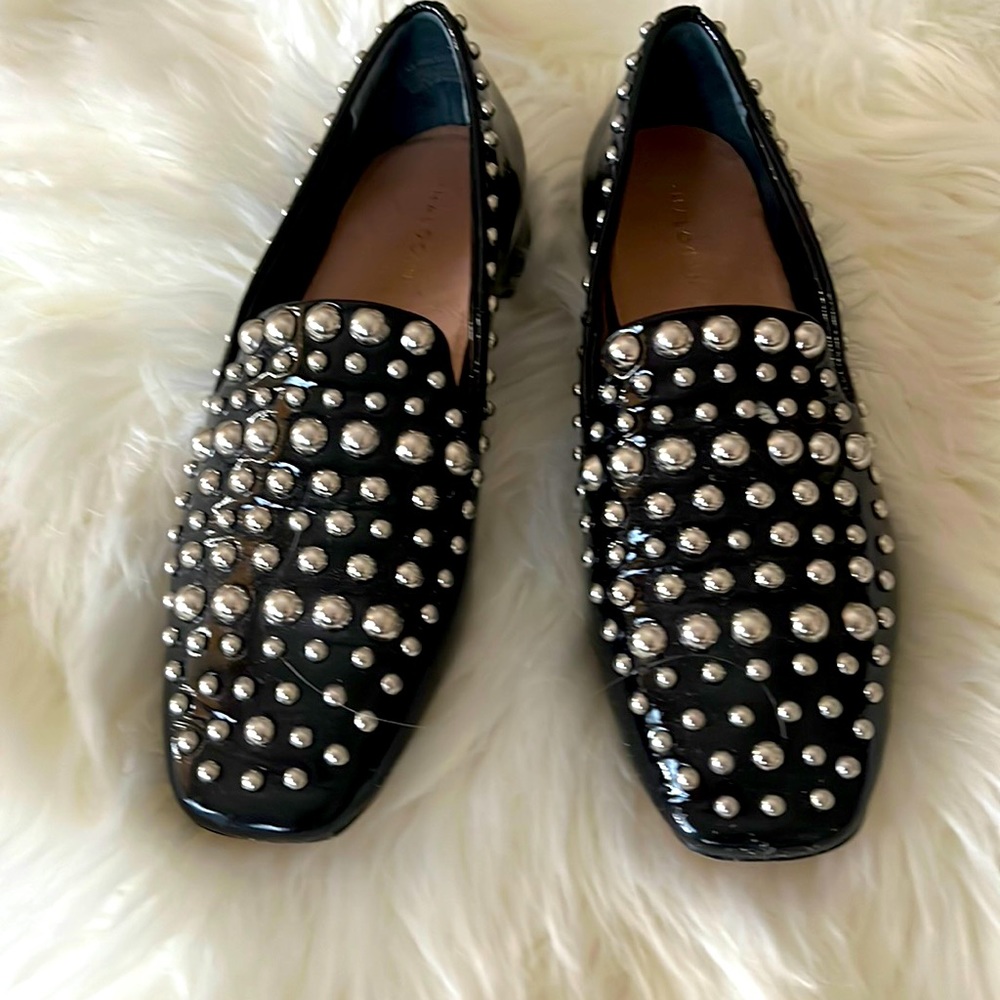 Black patent loafer with studs